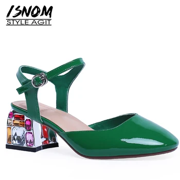 

ISNOM Patent Leather Sandals Women Square Toe Footwear Ankle Strap Sandals Crystal High Heels Shoes Summer Shoes Woman 2019 New