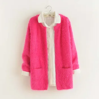 

New Christmas Sweater Women winter Pure color female mohair cardigan sweater coat round collar paragraph sweater grows in loose