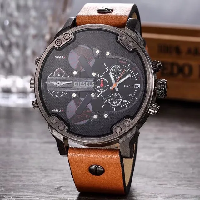 

2019 Multi Time Zone Wristwatch Military Clock Leather Strap 53MM Big dial DZ Stainless steel Watch Men's Sport Quartz diesels