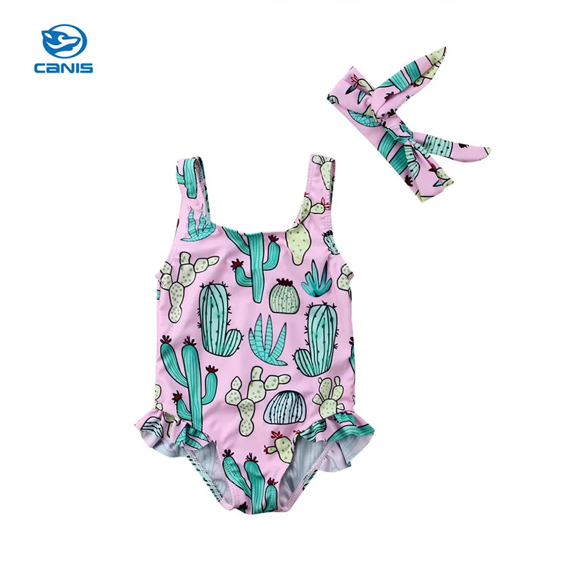 

Newborn Baby Girl Cactus Printed Swimsuit+Headband 2018 Summer Baby Girl Sleeveless Bikini One-piece Swimwear Beach Bathing Suit
