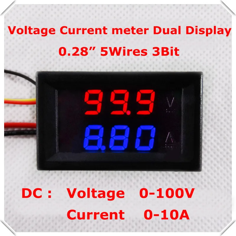 RD DC 0-100 V/10A светодиодный дисплей красный+ зеленый 0,28 Цифровой амперметр вольтметр 5 провод 3 Бит автомобильный измеритель напряжения тока [4 шт./партия]