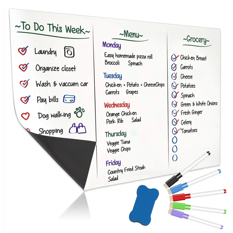 

A3 Magnetic Dry Erase Whiteboard for Refrigerator Sticker 5 Fine Markers 1 Eraser Fridge Magnet Organizer Planner Reminder Board
