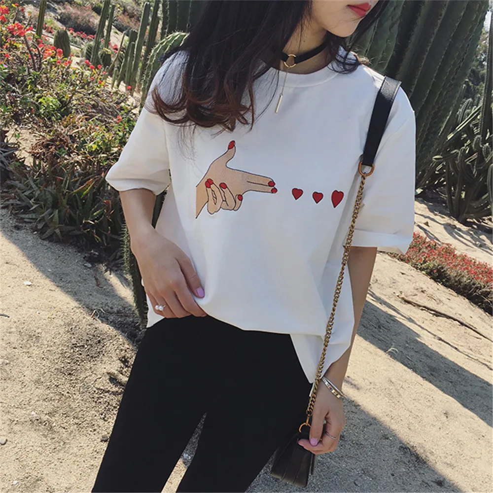 Summer Heart Hit Embroidery Women T Shirt 2017 Women Simple Shirts Casual cool top tee Short Sleeve O Neck loose T-shirt  (4)