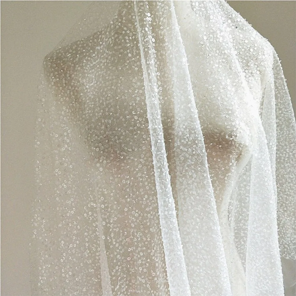 1 ярд изысканный сильно жемчужный бисером мягкий кружевной тюль ткань с прозрачными блестками для свадебного платья невесты Gress платье выпускного вечера 130 см