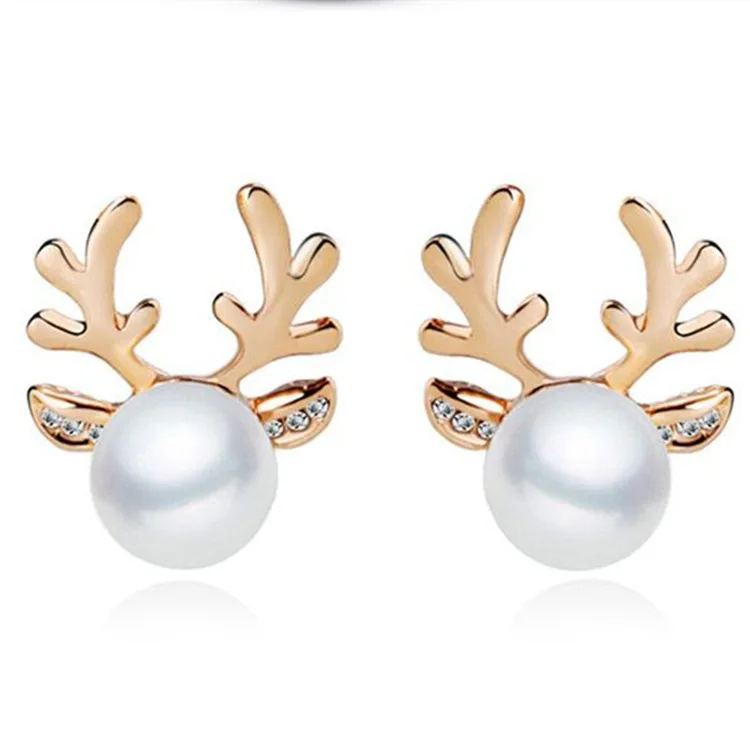 

The 2016 New Fashion Cute Animal Antlers Deer Antlers Gold Silver Pearl Jewelry Rhinestone Stud Earring For Women