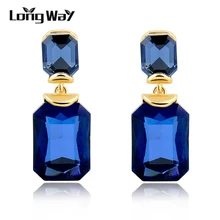 LongWay романтические серьги-гвоздики из настоящего золота с геометрическим рисунком и голубым кристаллом для женщин, свадебные украшения, подарок SER150154103