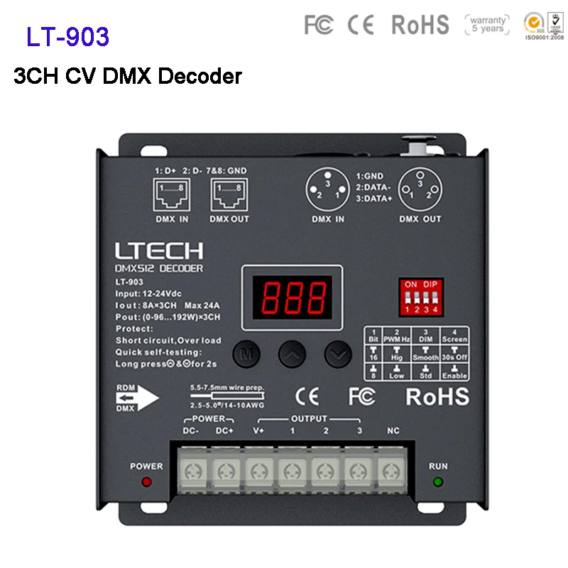 

LTECH LT-903 Led DMX-PWM Decoder;DC12-24V 8A*3CH Max 24A 576W XLR-3/RJ45 Port 3CH led RGB Strip DMX512 Decoder controller