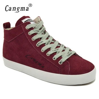 

CANGMA Marque Casual Shoes Woman Genuine Leather Mid Leisure Shoes For Women Sneakers Lace Up Wine Red Cow Suede Footwear Female