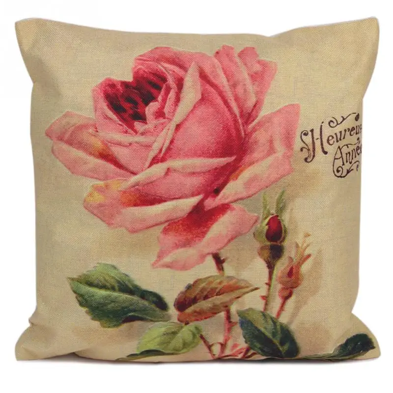 45x45cm Cotton Linen Pillow Case Rose Flowers Printed Decorative