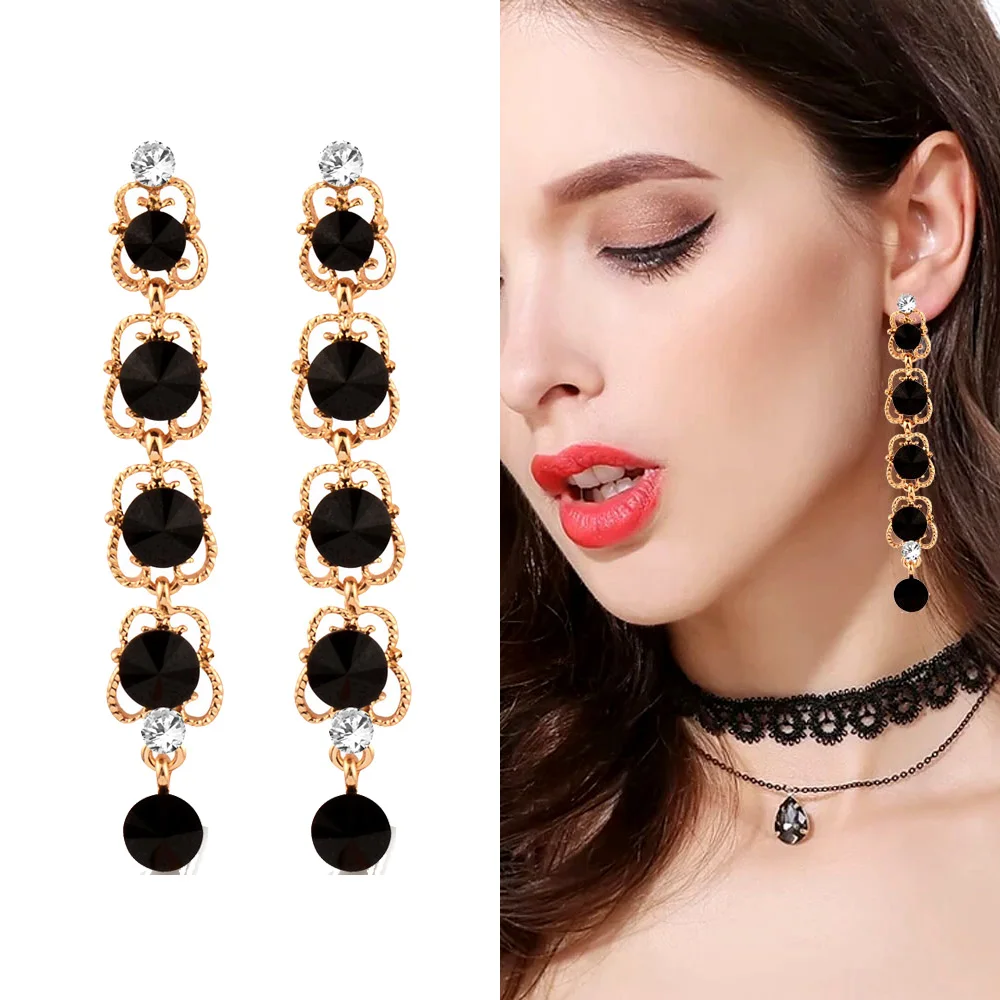 Buy SINLEERY Luxury Black 6pcs Round Rhinestone Long