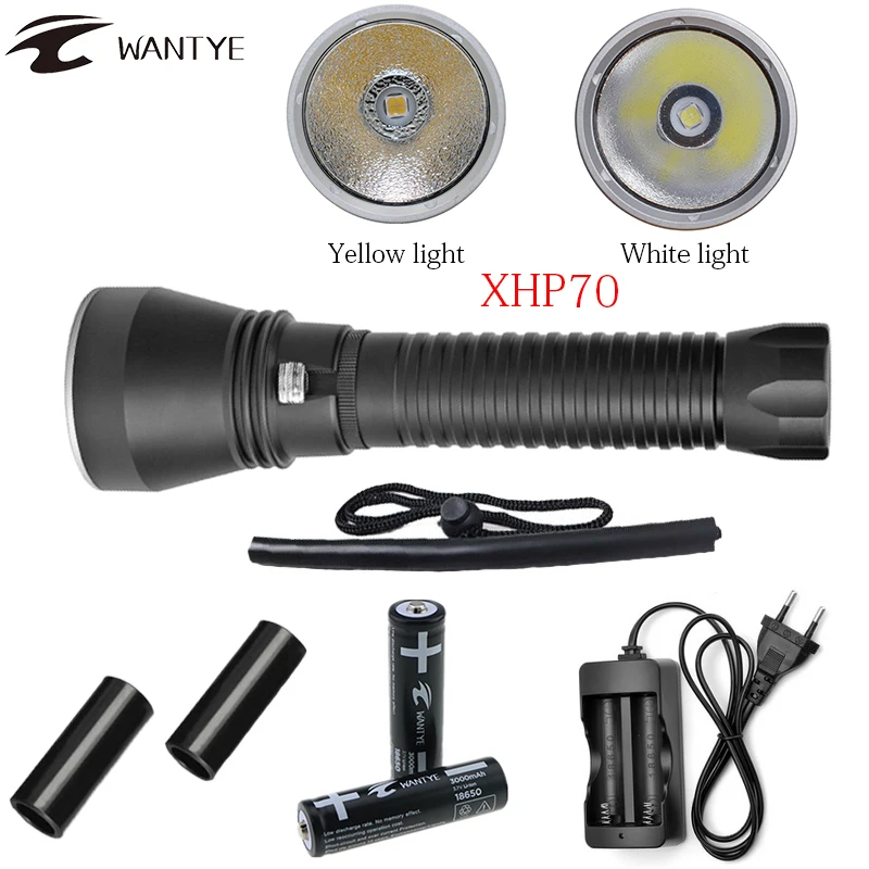 

Powerful XHP70 Diving Flashlight 6000LM LED Yellow/White Light Dive Torch Underwater 100M 18650 or 26650 Waterproof Scuba Torch