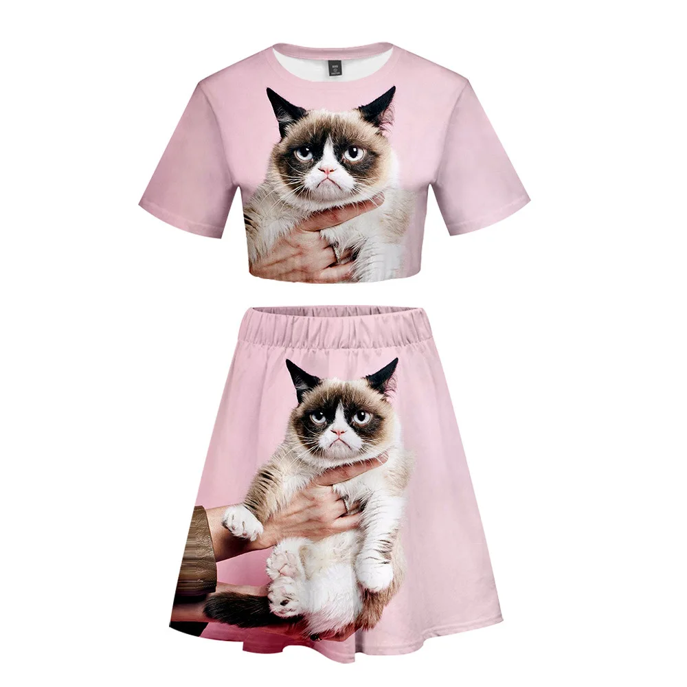 

Grumpy Cat Women Outfits 2 Piece Set Women Outfit 3D Cartoon T-Shirt Women's Suit Mini Skirt Summer Top Ensemble Femme