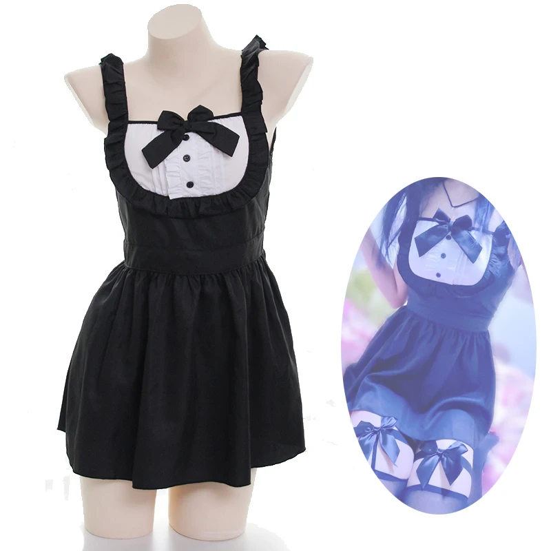 

Sexy backless Black Uniform Apron dress Maid outfit Women Lingerie With G-string Bows Tie Japan Lolita Bikin kawaii Set 2019 New