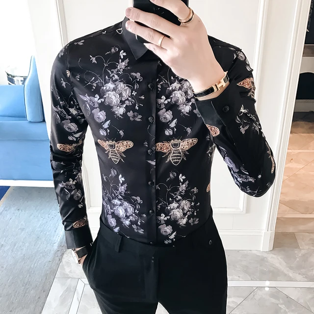 Abeille ImprimĂ© Chemises Hommes Streetwear VĂȘtements Pour Hommes 2018 Fleurs RĂ©tro Chemises Vintage Social Club Tenues
