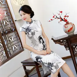 Китайский женский Qipao средние и длинные Стиль цветочный Cheongsam Для женщин Традиционная шелковое платье с цветочным принтом Chi-pao Размеры M-XXXL