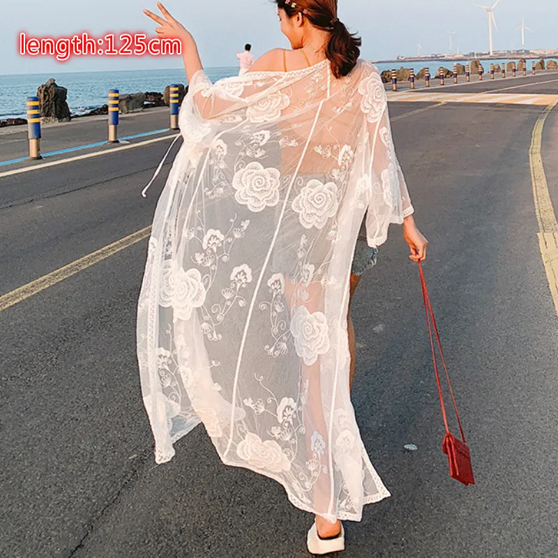 

summer women maxi kimonos lady 3/4 sleeve lace cardigans woman plus long lace tops outwear lady holiday beach maxi lace kimono