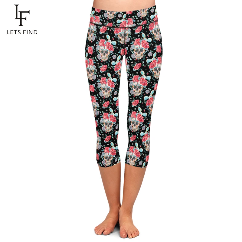 LETSFIND Sexy Skull and Flowers Print Women High Waist Leggings High Elastic Fitness Mid-Calf 3/4 Comfortable Capri Leggings LETSFIND Sexy Skull and Flowers Print Women High Waist Leggings High Elastic Fitness Mid-Calf 3/4 Comfortable Capri Leggings