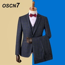 OSCN7 клетчатые мужские костюмы на заказ, приталенные мужские костюмы для свадебной вечеринки, модный костюм из 3 предметов, блейзер, брюки, жилет, DM-031