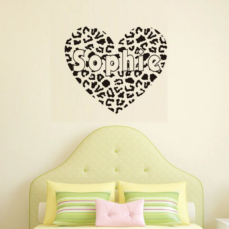 DCTOP Personalized Cheetah Print Heart Personalized text Vinyl Wall Decal Sticker nursery living room decoration removable