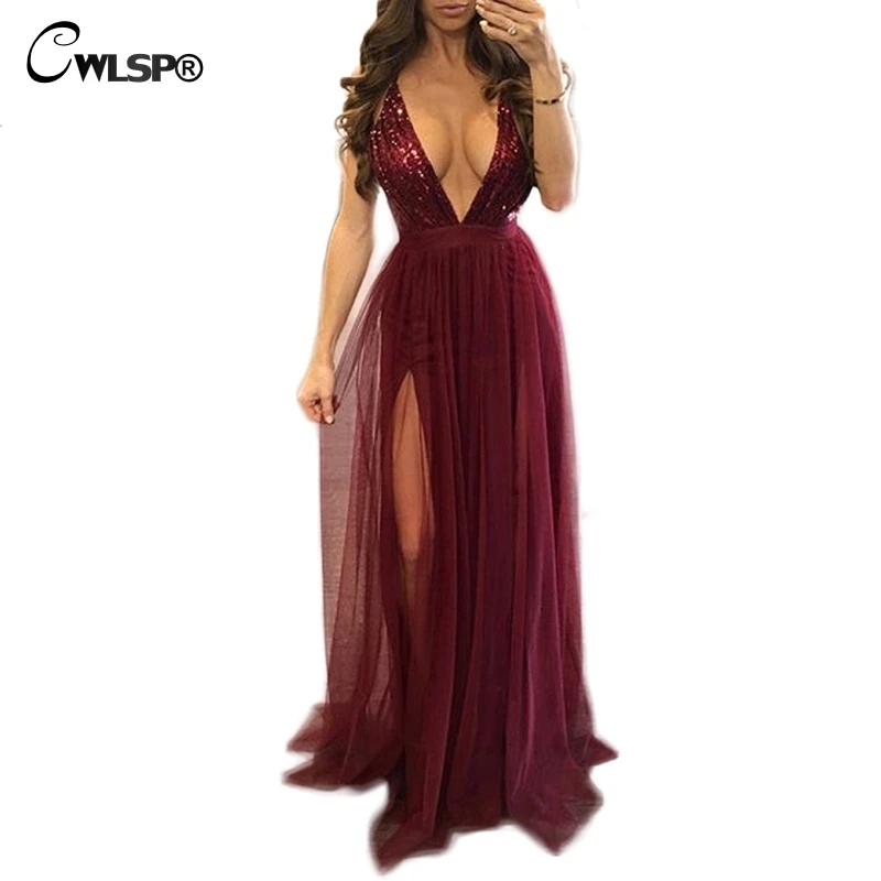 Wholesale CWLSP Elegant Evening Party Long Dress Womens Off Shoulder Backless Tulle Maxi Dress Lady Sequined Deep V-neck Vestido QZ1951 Buy Cheap CWLSP Elegant Evening Party Long Dress Womens Off Shoulder Backless Tulle Maxi Dress Lady Sequined Deep V-neck Vestido QZ1951