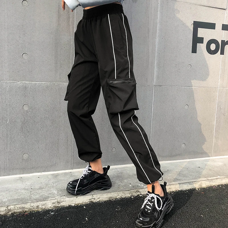 Sweetown повседневные черные женские брюки с боковыми Полосками Спортивные Брюки с карманами в стиле пэчворк хип-хоп брюки с высокой талией уличная одежда