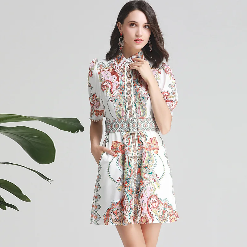

High quality diamonds women's Shirt dress New 2019 summer runways fashion print beading belt dress A290