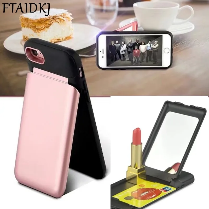 FTAIDKJ Luxury Hidden Credit Card Holder ID Slot Hard Case With Mirror For iPhone X 10 6 6S 7 8 Plus Makeup Stand Cover |