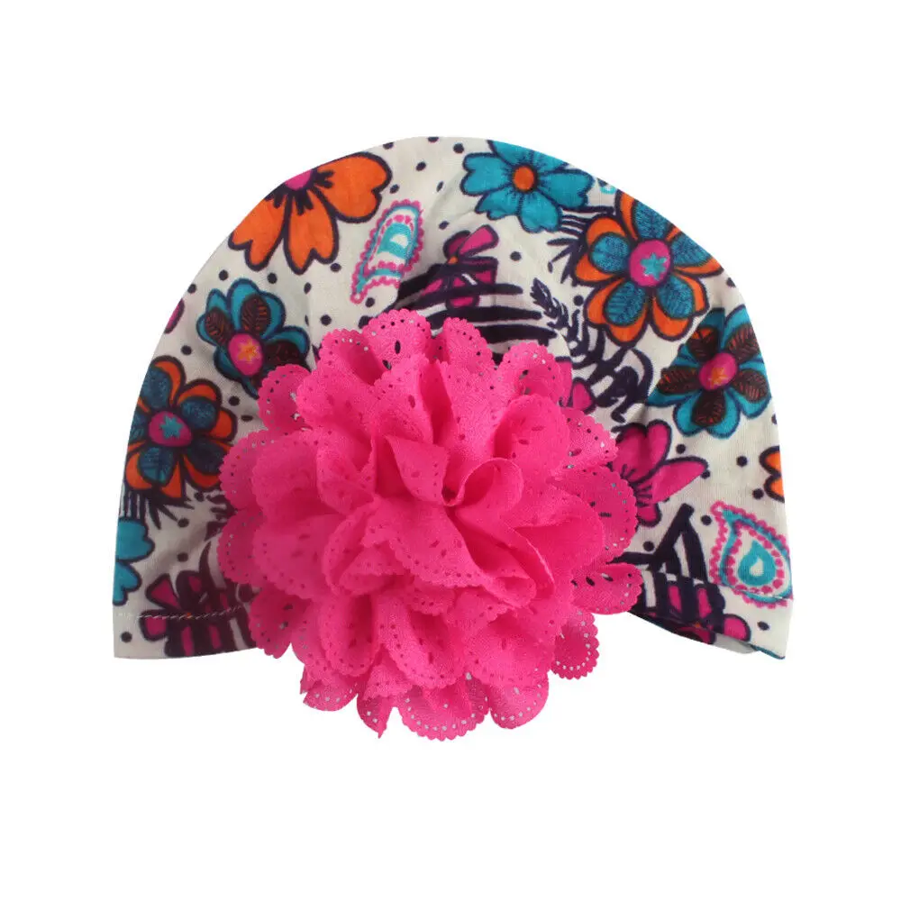 Cute Newborn Baby Girl Toddler Floral Print Knotted Turban Skull Cap Beanie Hat