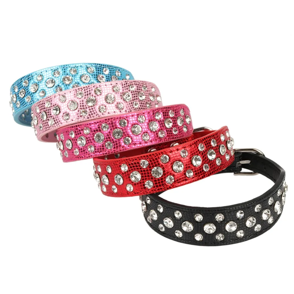 Dogs Collars Glossy Snakeskin Rhinestones Decorative Pu Leather