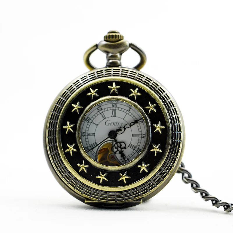 

New Vintage Bronze Mechanical Pocket Watch Star Surrounded Hand Fob Watch With White Dial For Men Women PJX1007