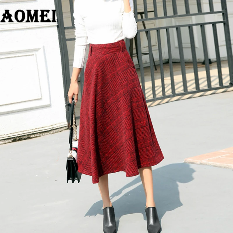 

Autumn Retro Woolen Skirt Tartan Midi Gingham Vintage Ladies High Waist Modest Retro Red Plaid Jupes Female faldas Saias Clothes