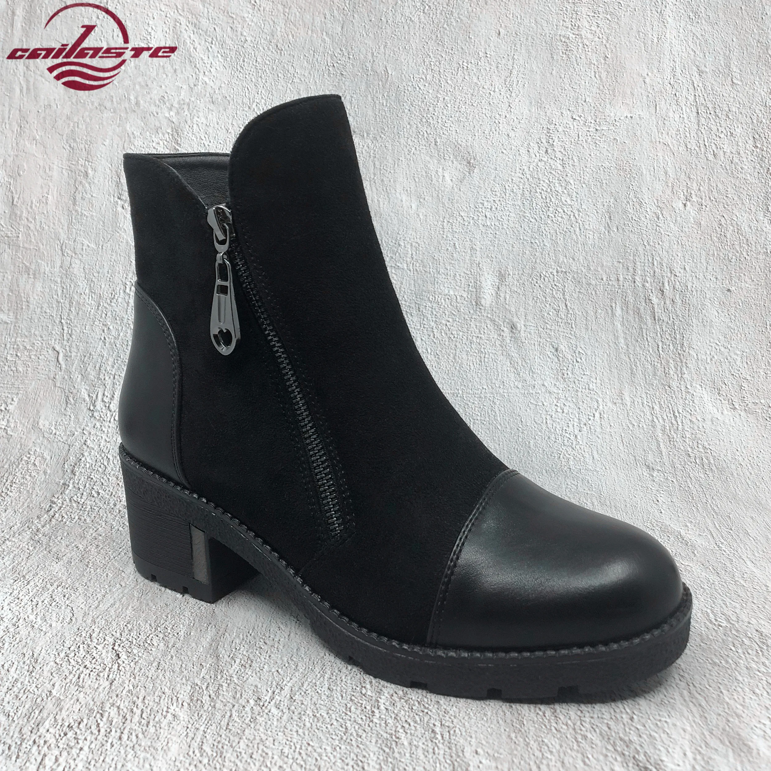 

CAILASTE Double zippers High heel ankle boots for womens Round toe Warm plush insole suede leather lady's fashion shoes platform