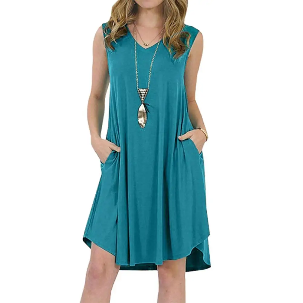 Solid Color Sleeveless Pockets V neck Sundress Women's Summer Casual ...