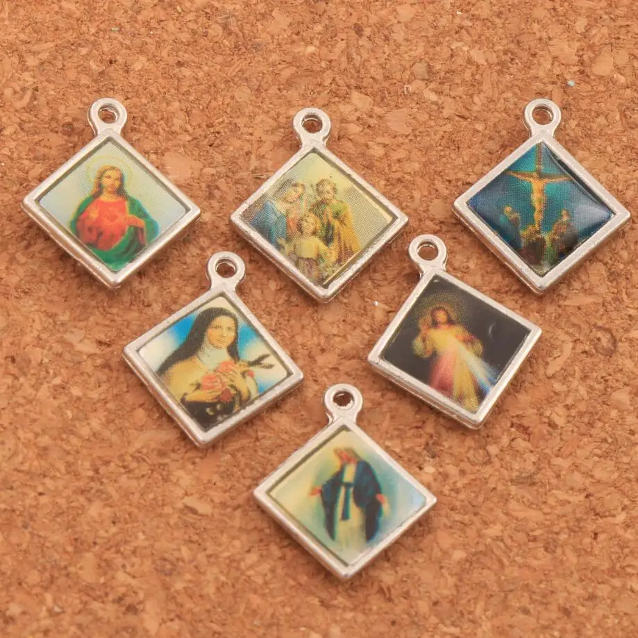 Enamel Square Jesus Christianism Icon Cross Religious Charms Pendants
