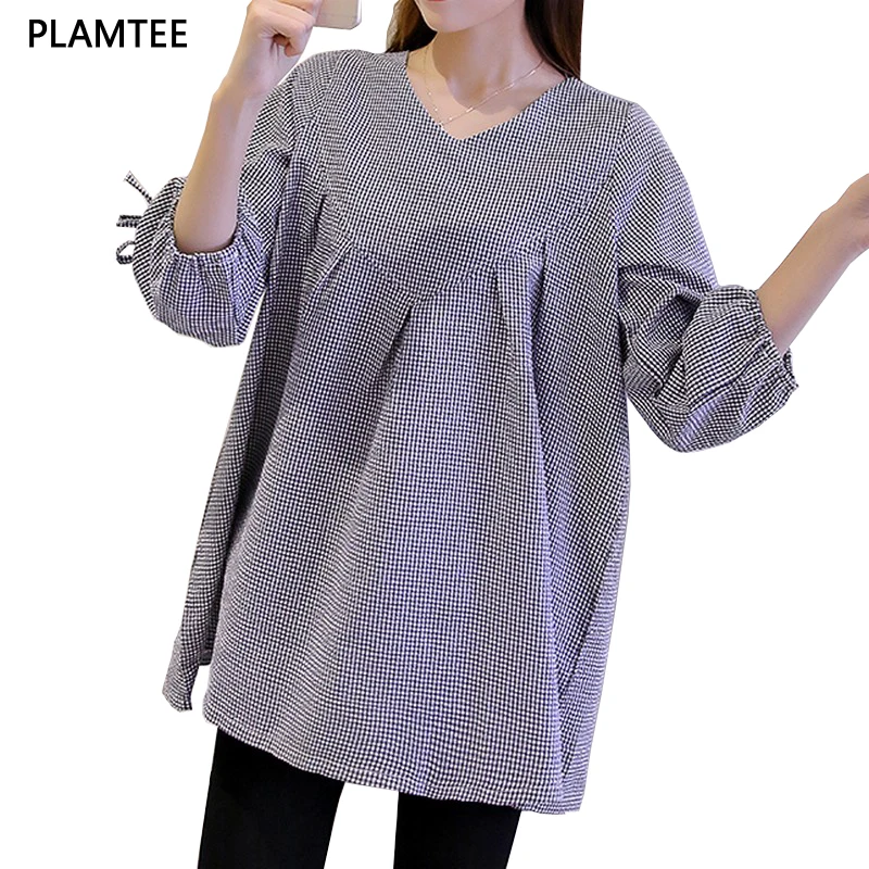 Fanshion клетчатая рубашка для беременных с v-образным вырезом, рукава три четверти, блузка для беременных женщин, Лето 2017, большие размеры, Blusas