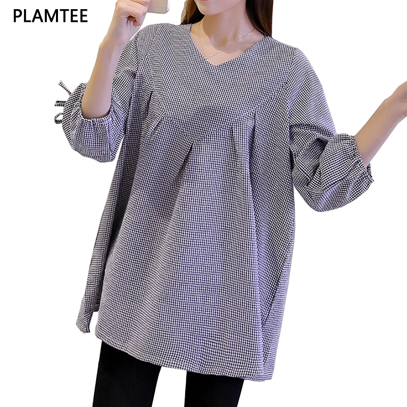 

Fanshion V-Neck Plaid Maternity Shirt Three-Quarter Sleeves Blouse For Pregnant Women 2019 Summer Plus Size Blusas De Maternidad