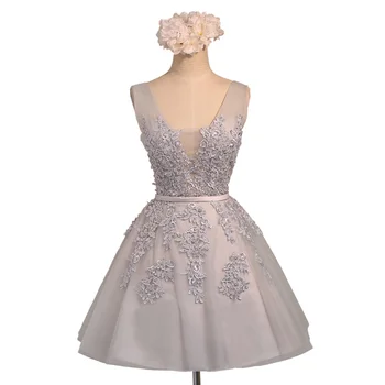 

Holievery Capped V Neck Tulle Cocktail Dresses with Lace Embroidery 2019 Knee Length Party Dress Silver Navy Blue Red Pink