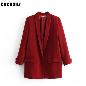 

fashion red black blazer woman long sleeve notched collar coat elegant office Lady Blazer work casual
