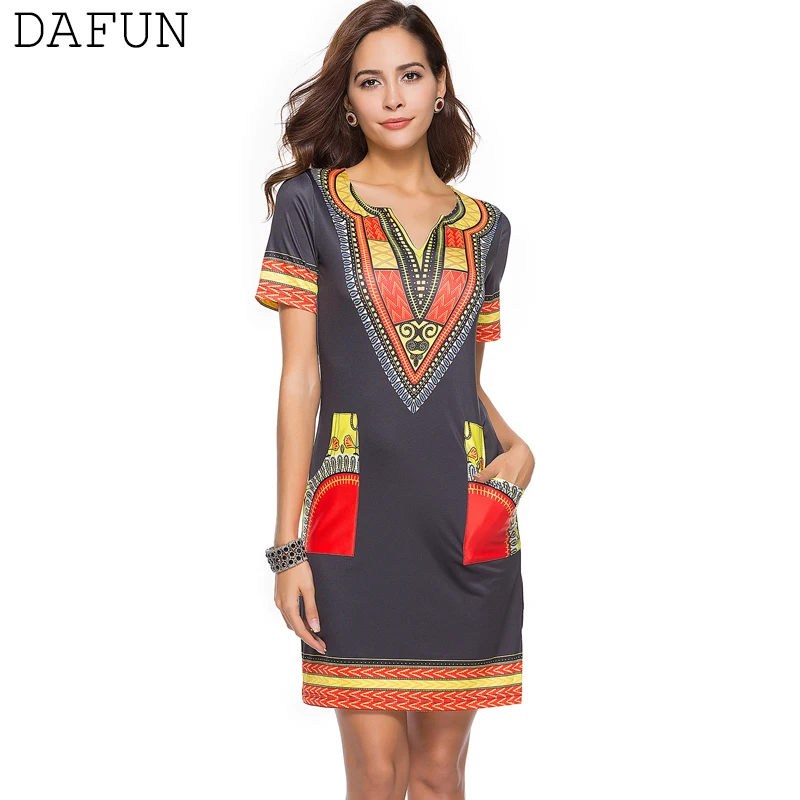 

Women Ethnic Style Summer Shift Dress African Print Dashiki Bodycon Short Sleeve V-Neck Knee Length Dress White Black