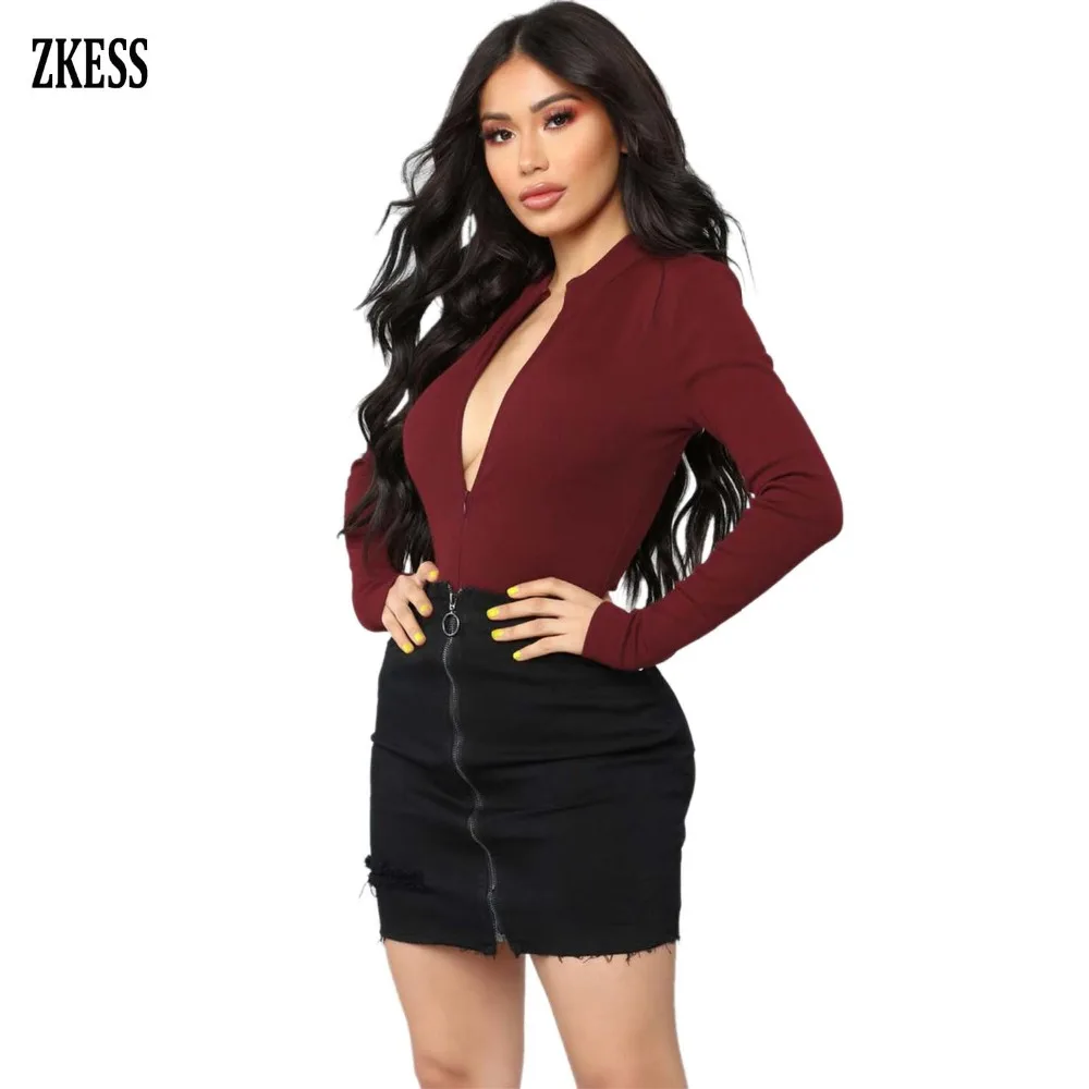 ZKESS Для женщин черный красный сном Sexy Глубокий V шеи с длинным рукавом боди