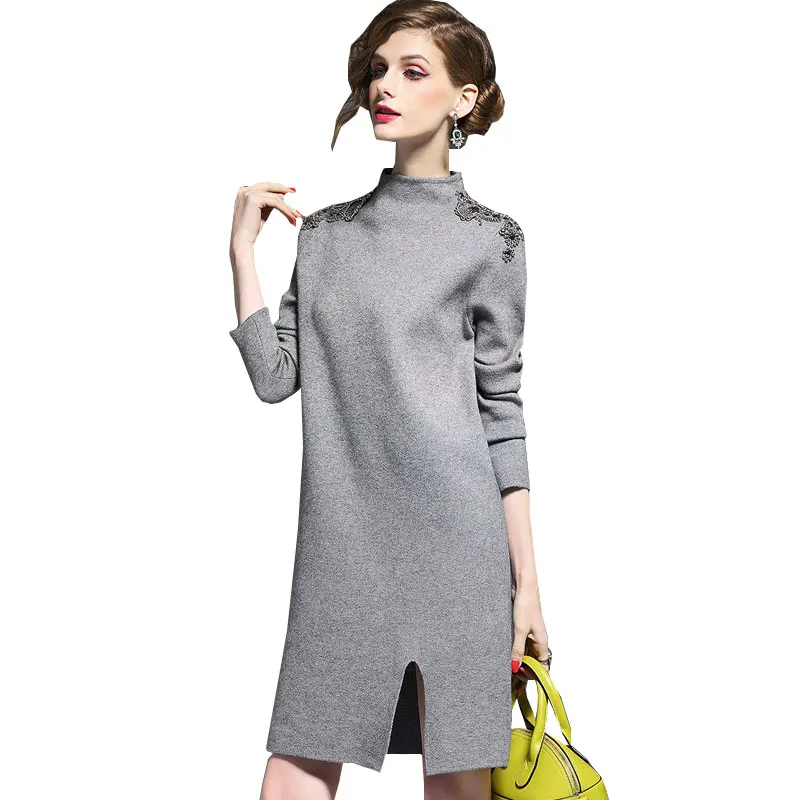 

Beaded Pullover Turtleneck Autumn Winter Sweater Women Dress 2018 New Casual Ladies top quality Knitted Dresses Vestidos Z384