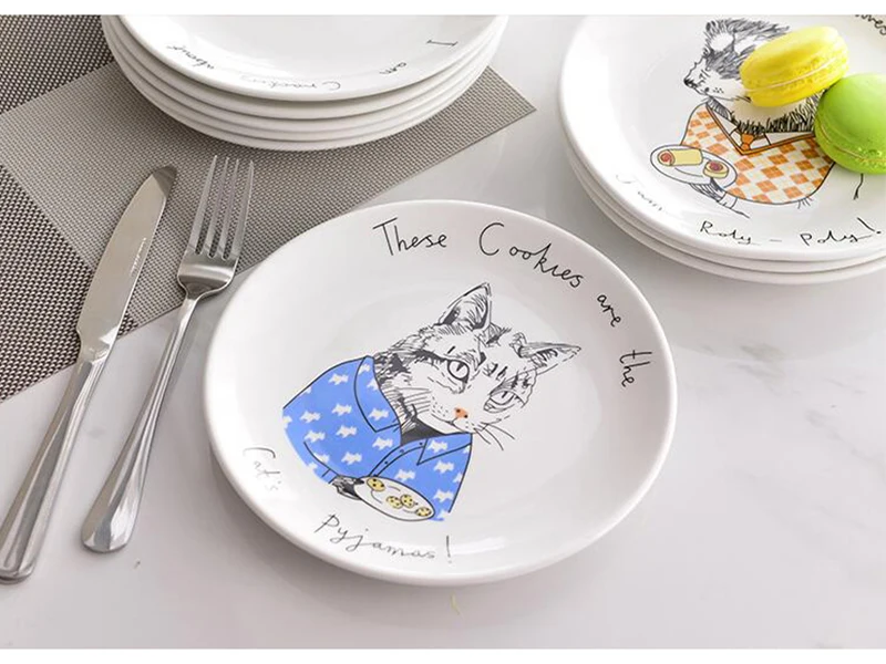 Европейский стиль 8 дюймов костяного фарфора керамические плоские пластины мультфильм узор фарфоровая посуда салат, торт блюдо