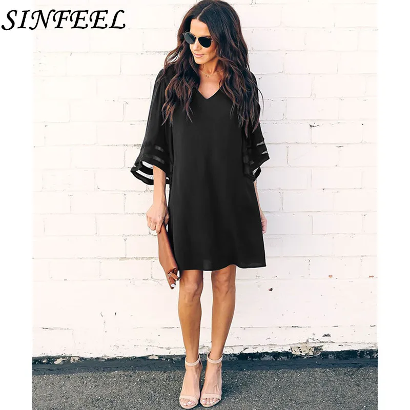 

Summer Women Solid Sexy Dress 2019 Spring Flare Long Sleeve Loose Party Elegant Mini Dress vestidos robe femme Plus Size S-2XL