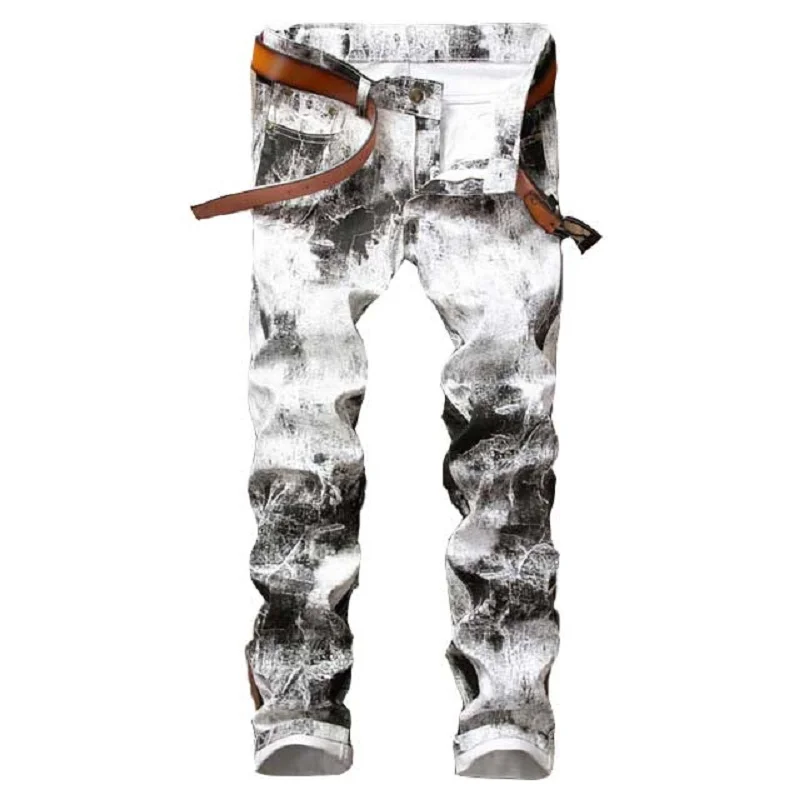 

New 2018 Men`s Printed Jeans Pants Punk Style Gothic Black Painted DJ club Night Slim Leg Cool White Jeans For Young Men