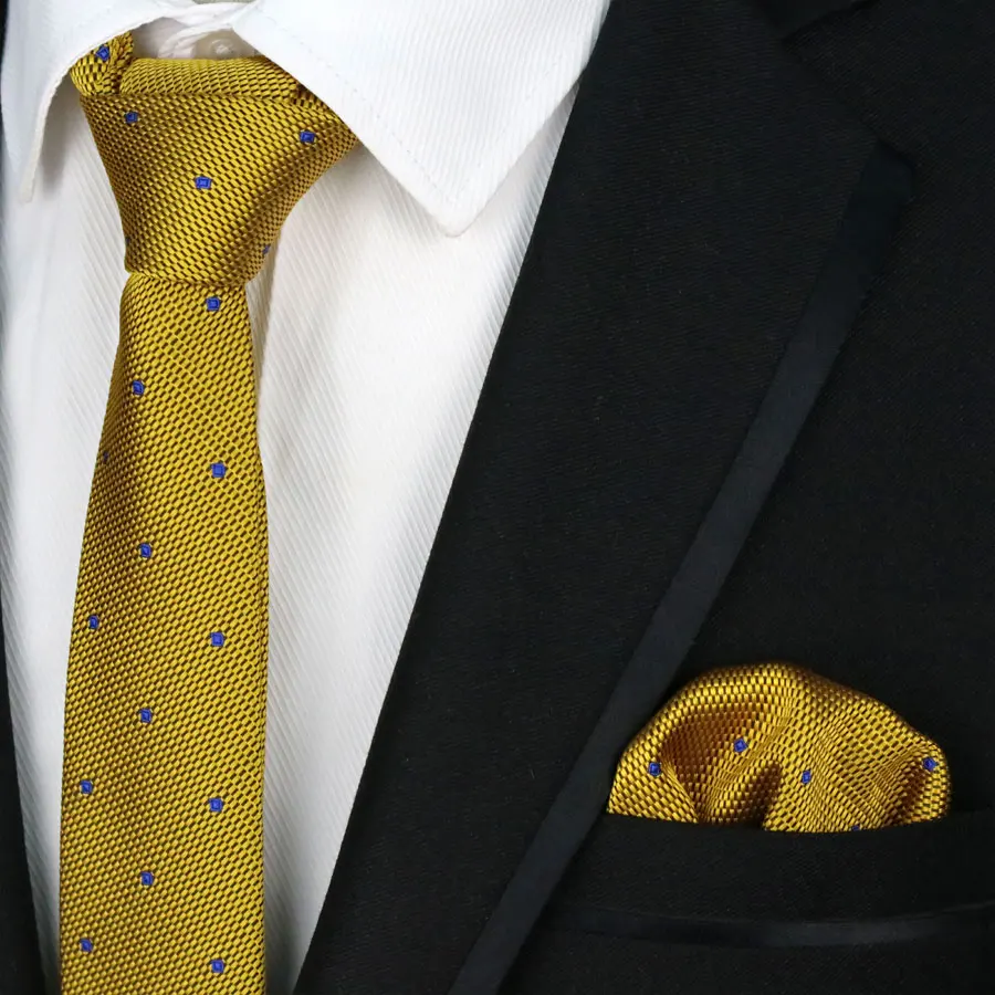 

TC04 Silk Men's Skinny Ties Handkerchief Set 5CM Yellow Blue Polka Dots Jacquard Woven Necktie For Formal Wedding Business Party