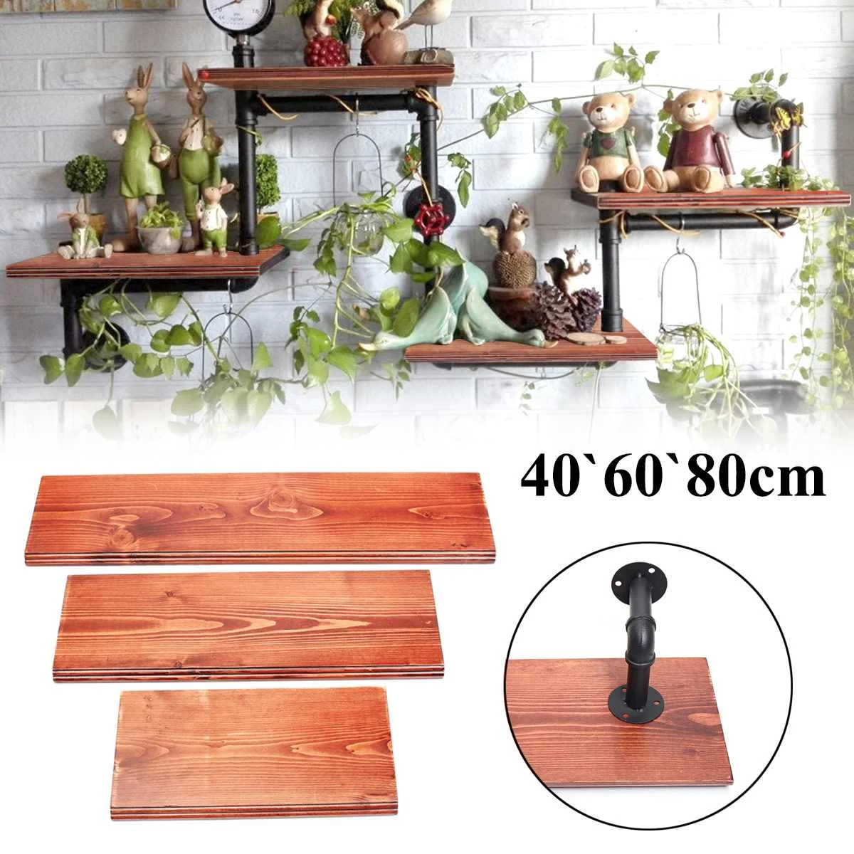 

3Pcs Wall Shelves Vintage Solid Wood Board Panel Shelf Kit 40+60+80cm Bookshelf With 6 Iron Pipes Wall Mount for Home Decor