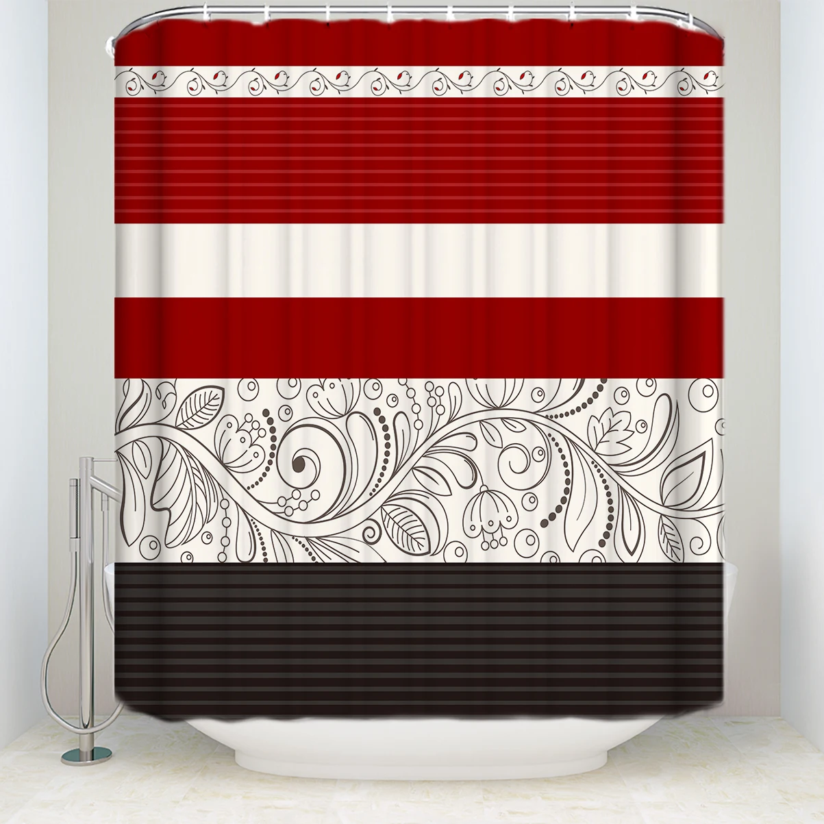 

New Arrival Waterproof Red Striped Floral Printed Shower Curtain Polyester Fabric Bathroom Curtains for Home Decorations