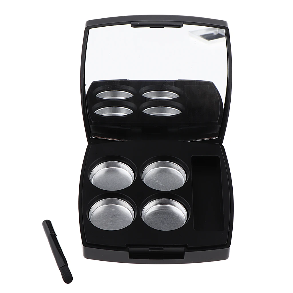 Black Empty Makeup Eyeshadow Pressed Powder Container Case 4 Round Aluminum Pans Palette with Mirror and Brush