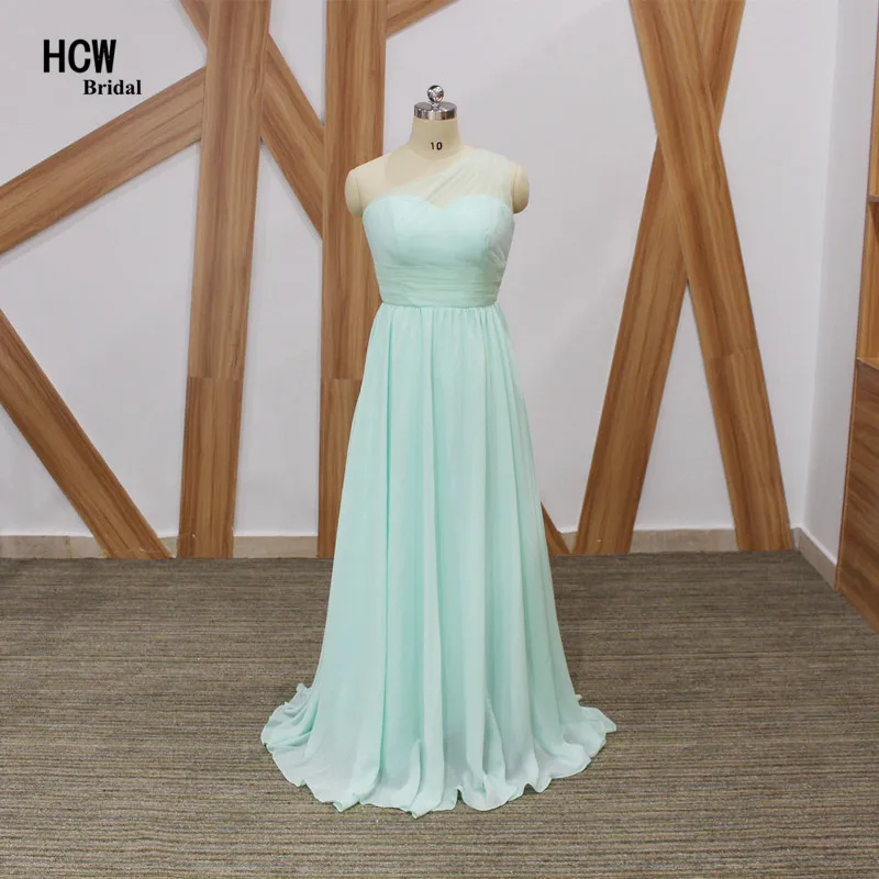 Real Photos Mint Green One Shoulder Long Bridesmaid Dresses