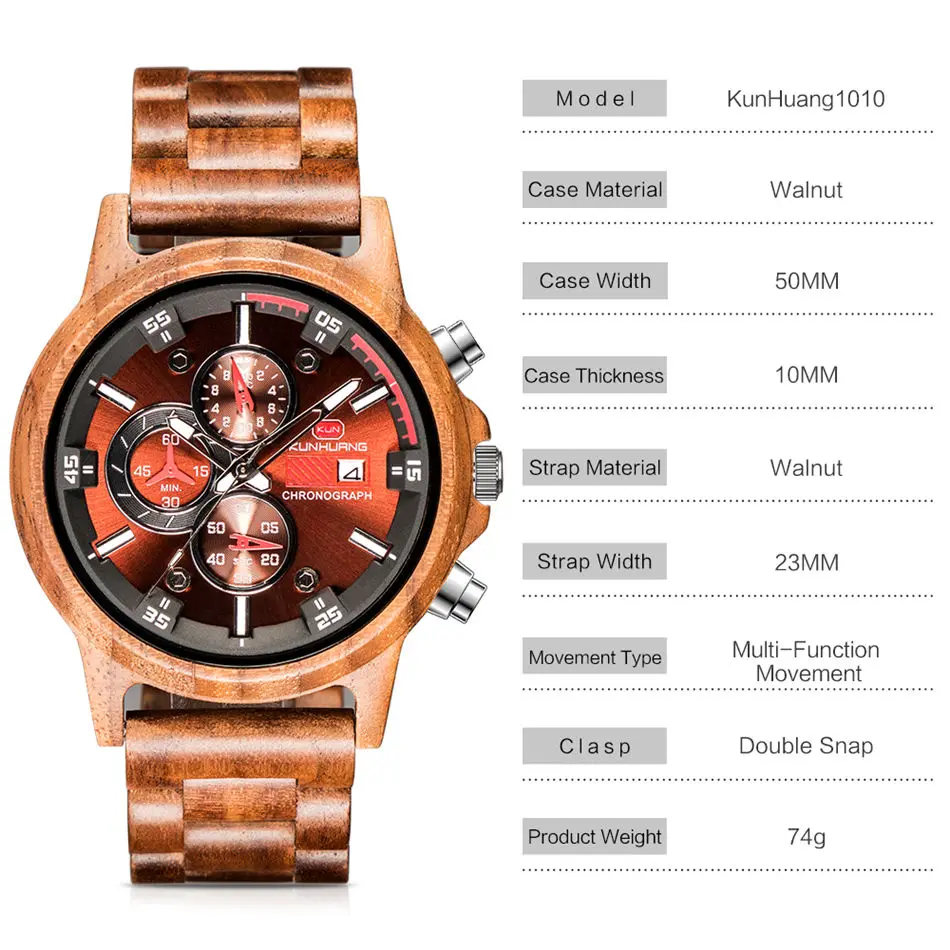 Часы ручной работы из натурального дерева, спортивные мужские часы с хронографом и датой, роскошные часы от ведущего бренда с японским механизмом для подарка